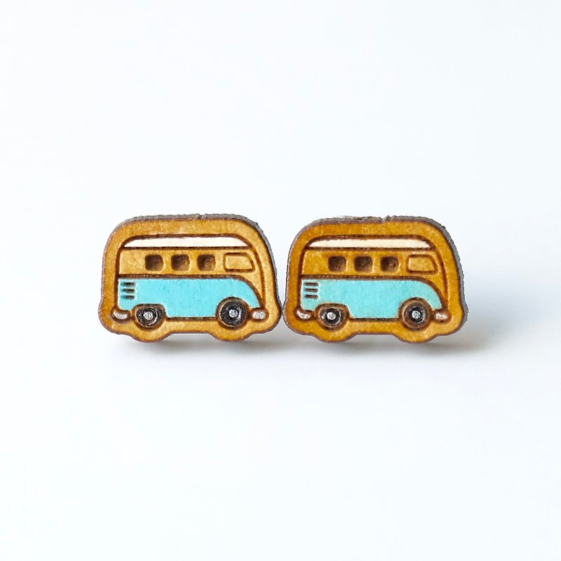『TienTien』Painted wood earrings-VW T1 Van (blue) - Earrings & Clip-ons - Wood Blue