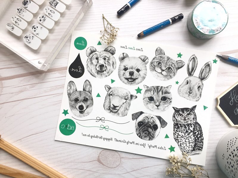 adc｜party animals｜calligraphy｜tattoo sticker（assorted animals） - Temporary Tattoos - Paper Black