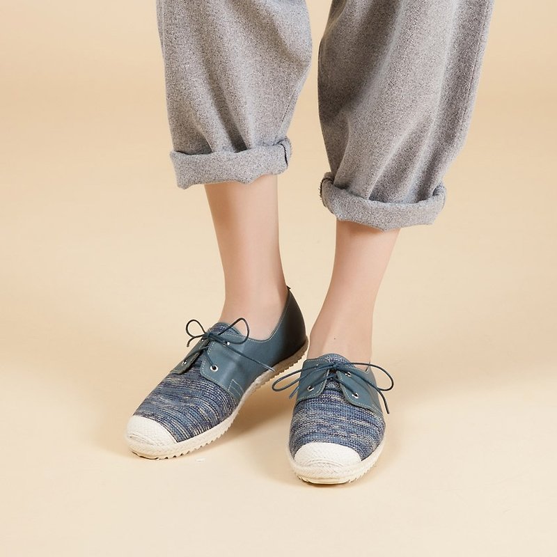 [French style] Lightweight straw woven casual shoes_blended blue - Women's Casual Shoes - Genuine Leather Blue