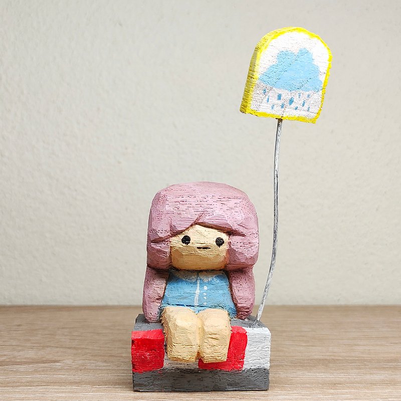 Girl waiting for the rain Handmade Decoration Collectibles Small wood carvings - 擺飾/家飾品 - 木頭 