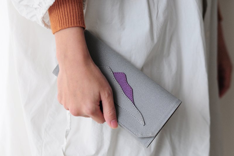 Grey Purple Canvas Long Wallet -Eco-friendly/ Lightweight/ Animal-Free,Handmade - กระเป๋าสตางค์ - กระดาษ สีเทา