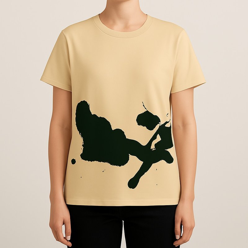 流墨a003/手工絹印/女淺黃棉T/限量 - 女 T 恤 - 棉．麻 黃色