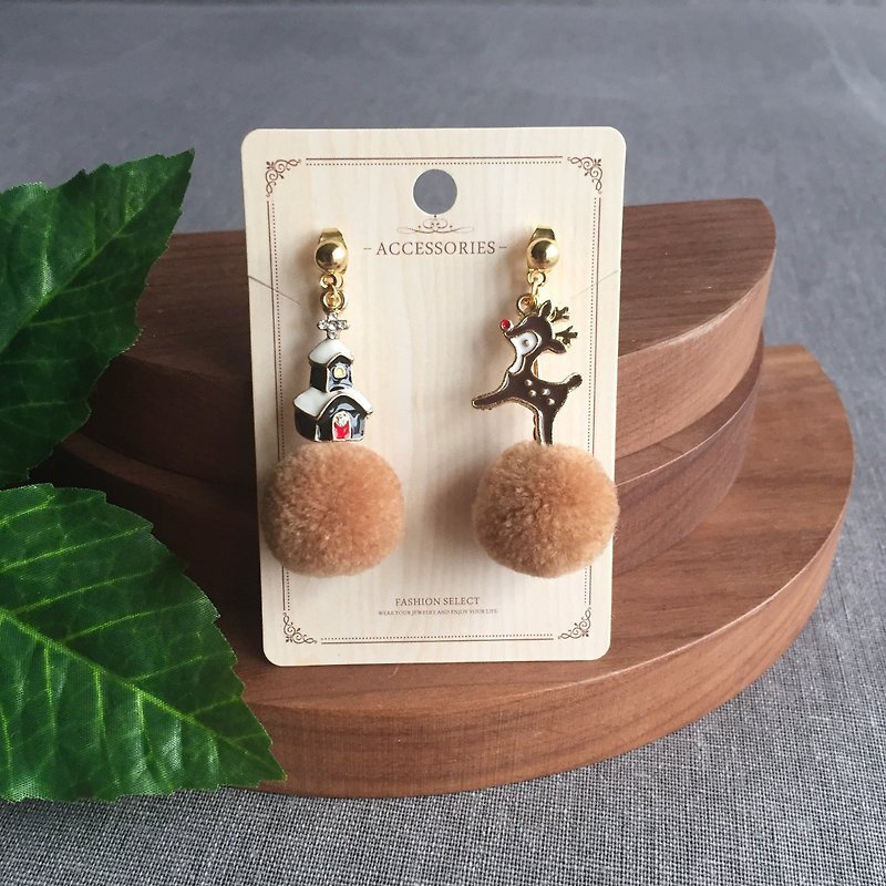 Christmas gift happy new year elk fur ball earrings beige - Earrings & Clip-ons - Wool Brown