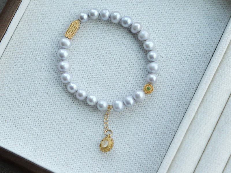 7mm Natural Color Freshwater Pearl Single Strand Bracelet with Silver Ruyi Clasp, Silver Double Happiness Charms, and Jade Beads - สร้อยข้อมือ - ไม้ ขาว