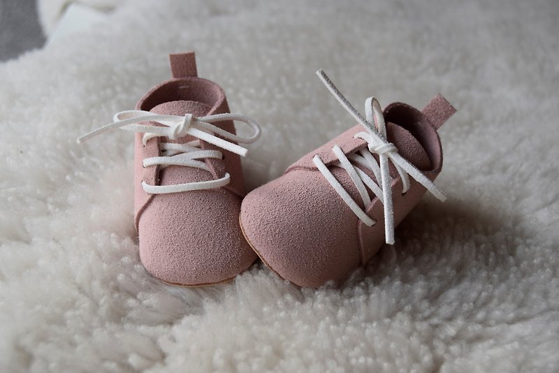粉紅色綁帶真皮嬰兒鞋 手工嬰兒鞋 皮製嬰兒鞋 學步鞋 彌月禮物 - 男/女童鞋 - 真皮 粉紅色