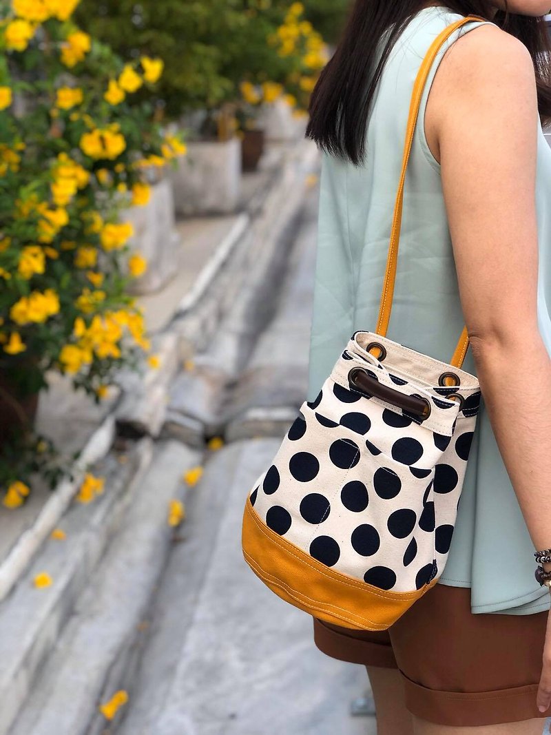 Mini Mustard Polka Dot Canvas Bucket Bag with strap /Leather Handles /Daily use - กระเป๋าถือ - ผ้าฝ้าย/ผ้าลินิน สีเหลือง