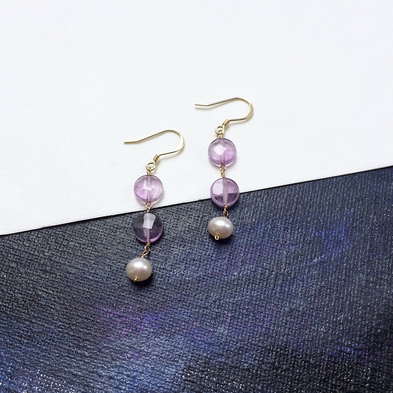 14kgf- amethyst & pearls earrings (can change ear clip) - ต่างหู - คริสตัล สีม่วง