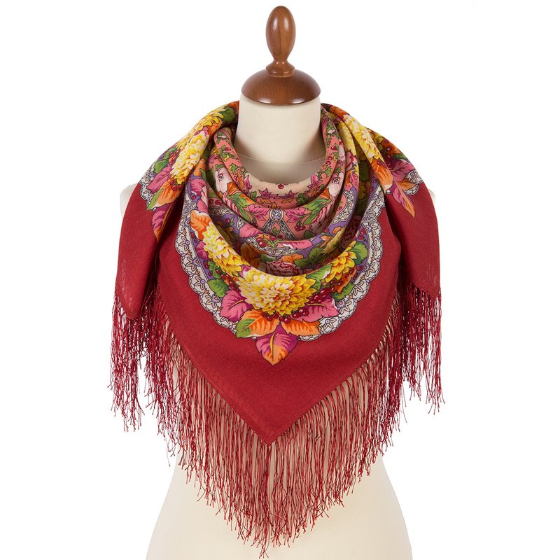 Authentic Pavlovo Posad Russian Shawl Scarf Soft 100% Wool 89x89 cm 1920-5 - 絲巾 - 羊毛 紅色