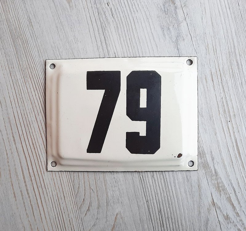 Address enamel metal number plaque 79 - vintage house number sign white black - Wall Décor - Other Metals White