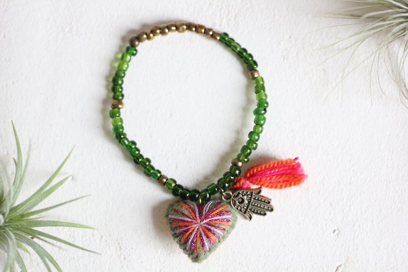 Green Heart bracelet- Plumped hearts embroidered with pink lame yarn - Bracelets - Polyester Green