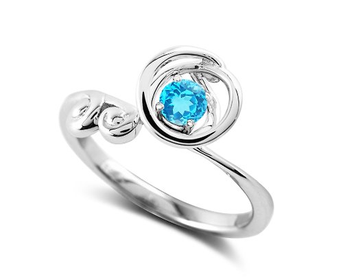 Majade Jewelry Design 瑞士托帕石圓形戒指 3月誕生石單石戒指 簡約波浪形925純銀指環