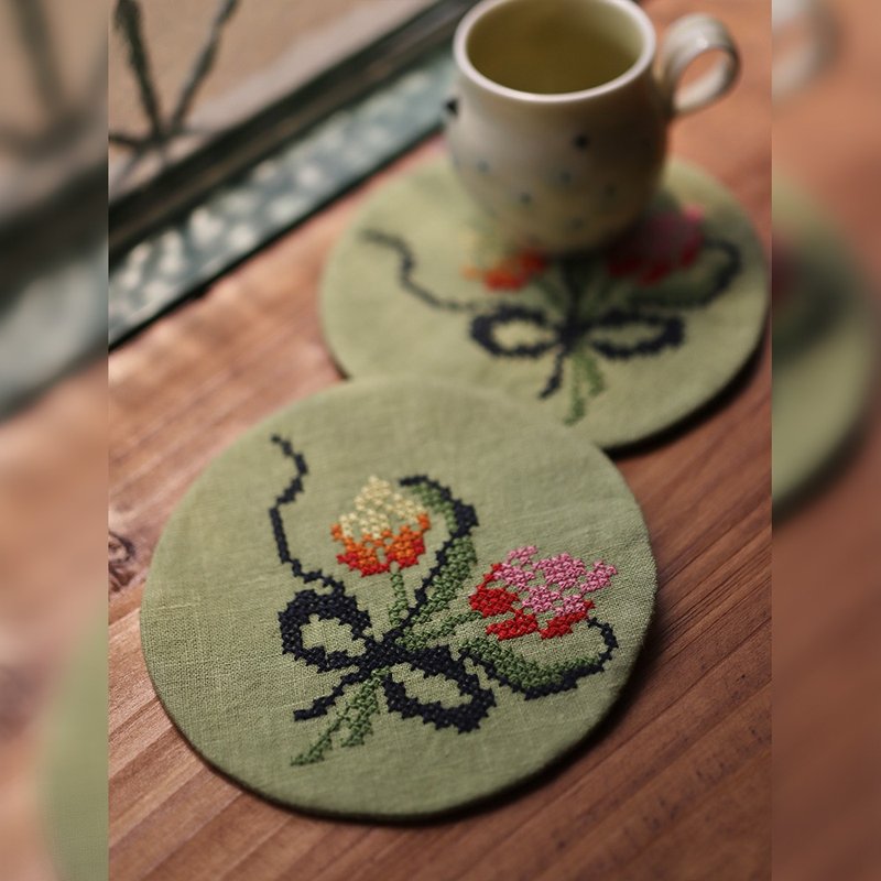 復古刺繡杯墊 - 杯墊 - 棉．麻 綠色