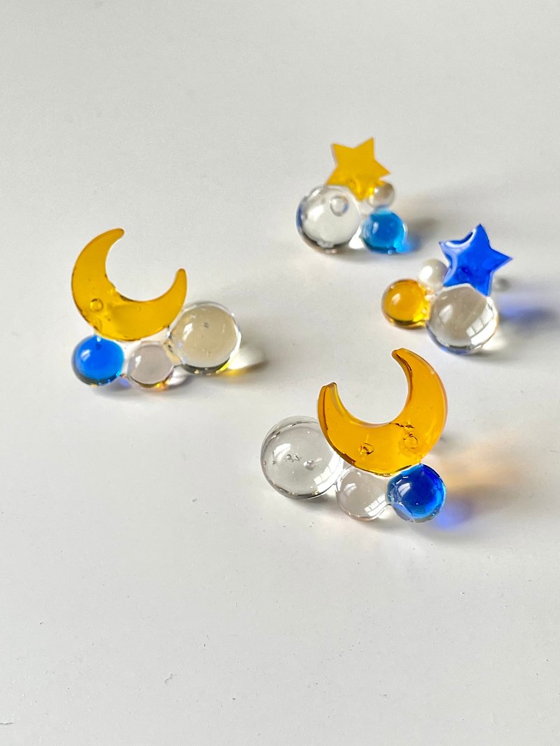 Made in UK - Stars and Moon. Clip-On/resin ear needle - Earrings & Clip-ons - Resin Yellow