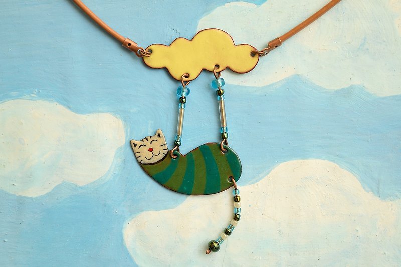 Cat necklace, Enamel necklace, Green Cat Jewelry, Cat jewelry, Cat And Cloud - Necklaces - Enamel Green