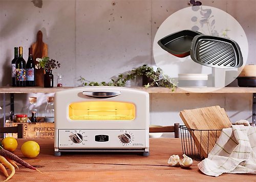 可易家電 日本Sengoku Aladdin專利0.2秒瞬熱4枚燒烤箱AET-G13T+方形烤盤組