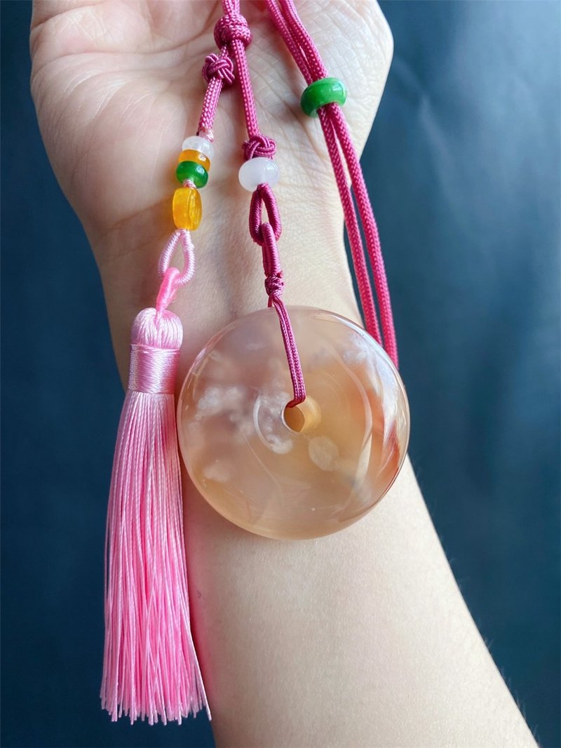 【售出】櫻花瑪瑙 厚庄 平安扣 水中花 冰透 牛血紅 禮物 飾品 包 - 項鍊 - 水晶 紅色