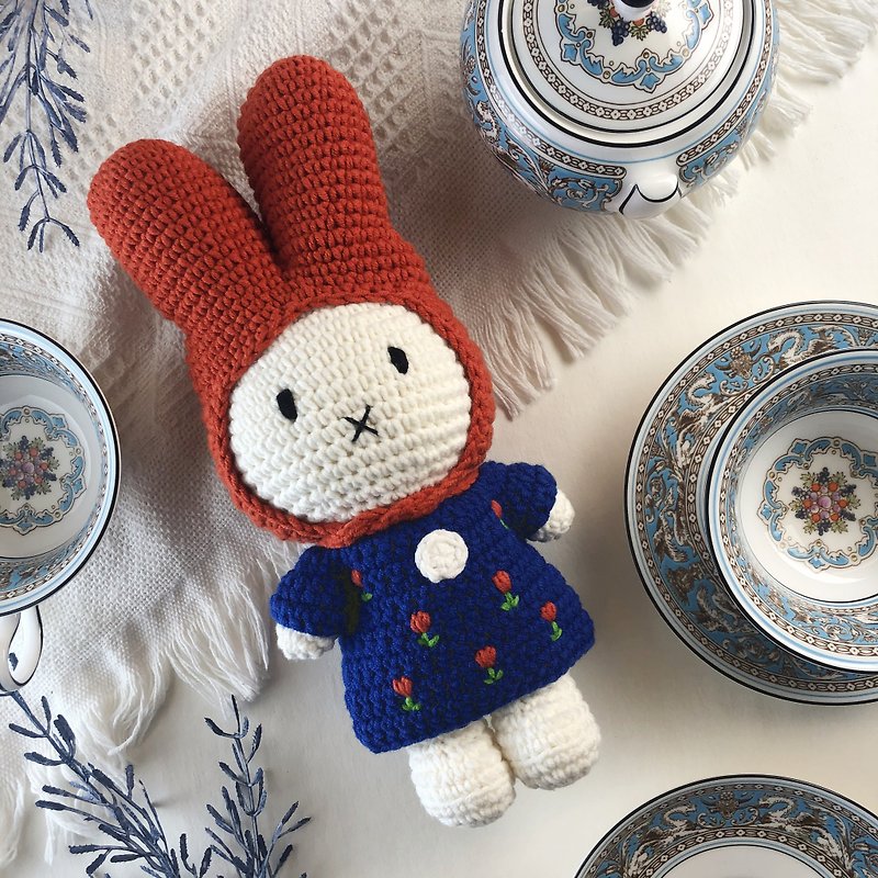 荷蘭Miffy米飛兔【miffy&鬱金香藍洋裝+兔兔紅帽】鉤針純棉娃娃 - 玩偶/公仔 - 棉．麻 藍色