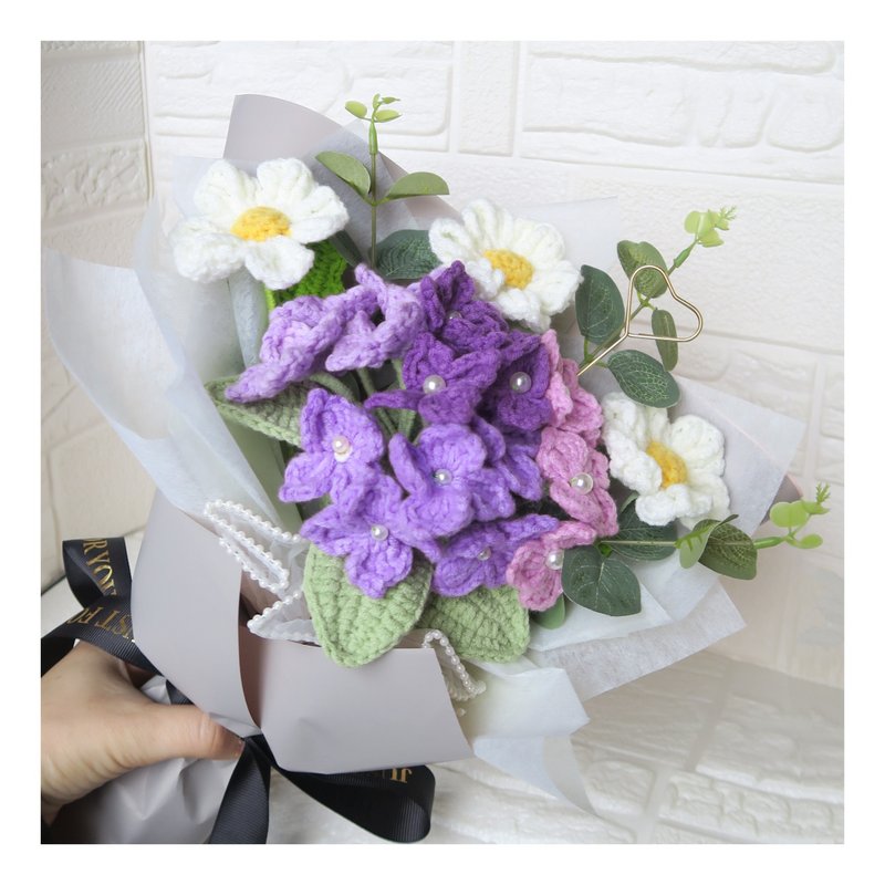 Four-color crocheted hydrangea bouquet~~can be customized~~ - ตกแต่งต้นไม้ - ผ้าฝ้าย/ผ้าลินิน สีม่วง