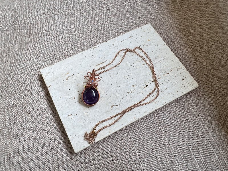 230617 wire wrapping amethyst Bronze wire wrapping pendant - สร้อยคอ - ทองแดงทองเหลือง สีม่วง