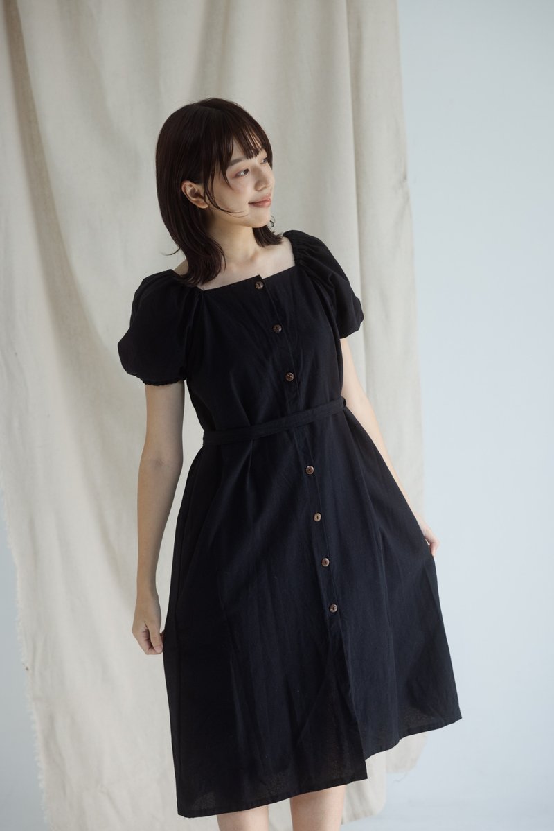 Elastic band small sleeves buttoned dress_black (with straps) - One Piece Dresses - Cotton & Hemp Black