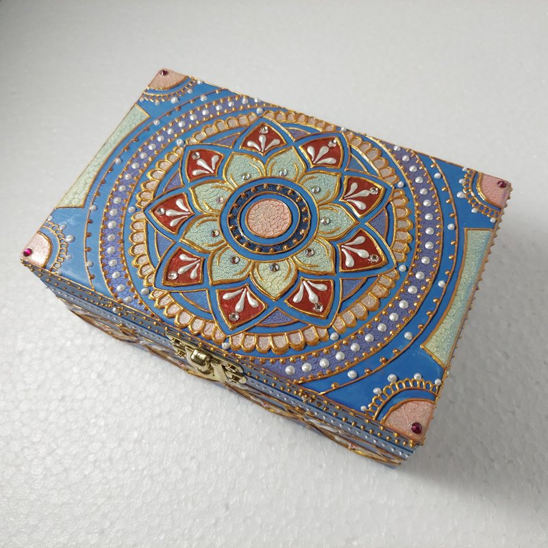 HENNA/Hand Made/Carved painted wooden box/Zen winding/Mandala/Ring box - Items for Display - Wood Blue