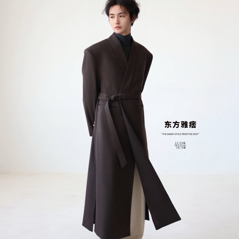 Luanshanhun Oriental yuppie new Chinese style original Brown coffee shoulder pad large silhouette cross collar suit long coat winter - Men's Coats & Jackets - Other Materials 