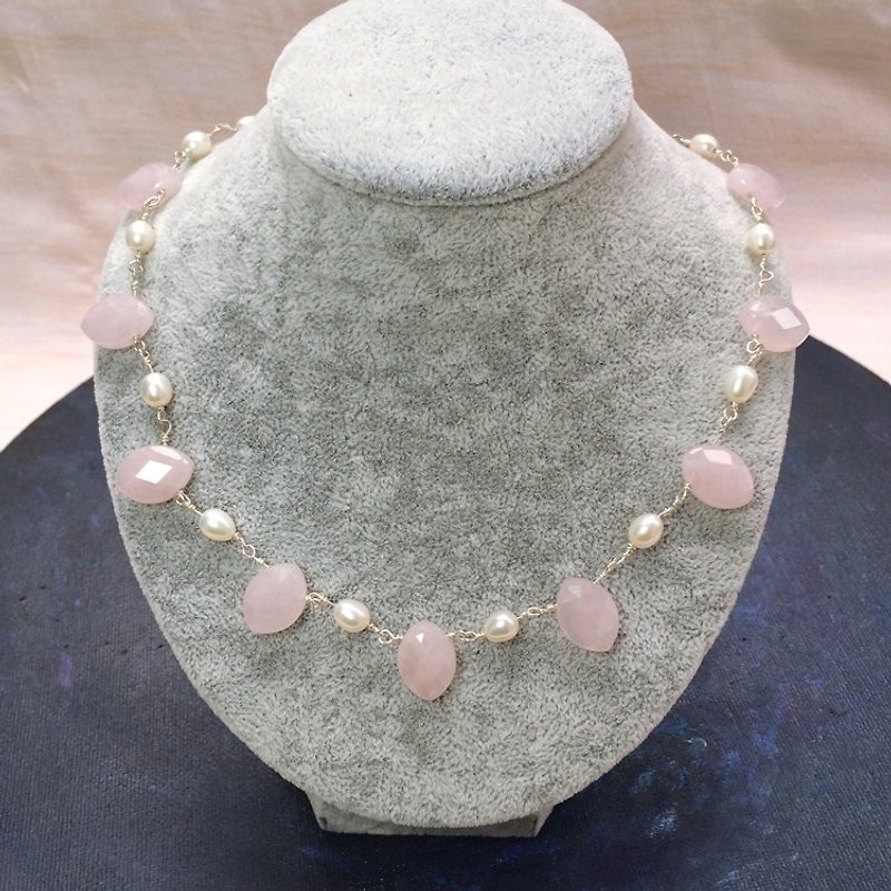 Original handmade pink crystal pearl necklace 925 Silver ice leaf cut face birthday gift - Necklaces - Gemstone Pink