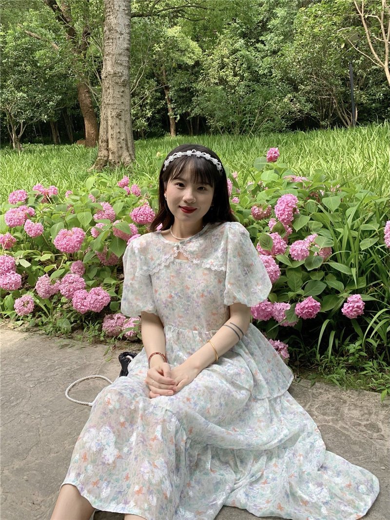 兩件套連衣裙蝴蝶印花蕾絲泡泡袖仙女輕薄雪紡夏 - 洋裝/連身裙 - 其他材質 綠色