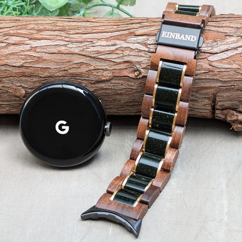 [Wooden Band] Google Pixel Watch Natural Wood Band Green Sandstone x Walnut - Women's Watches - Wood Black