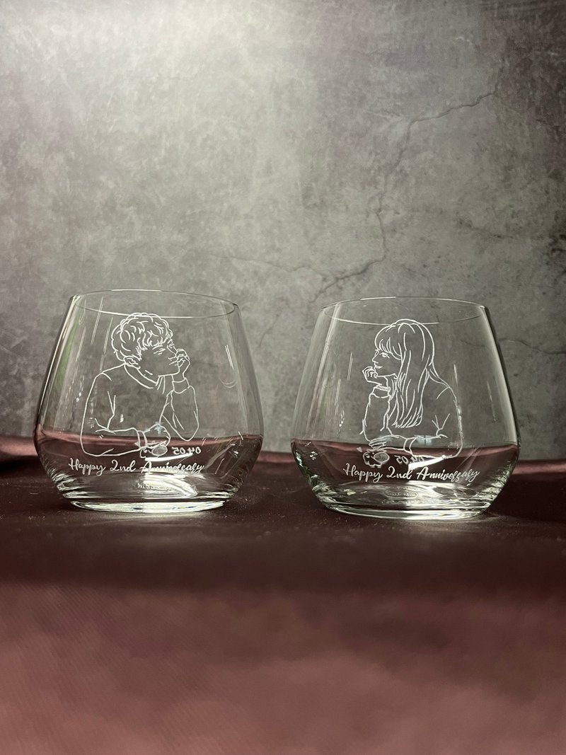 【客製化禮物】情侶 一人刻畫一杯 雕刻玻璃杯 似顏繪 寵物插畫 - 似顏繪/客製畫 - 玻璃 透明