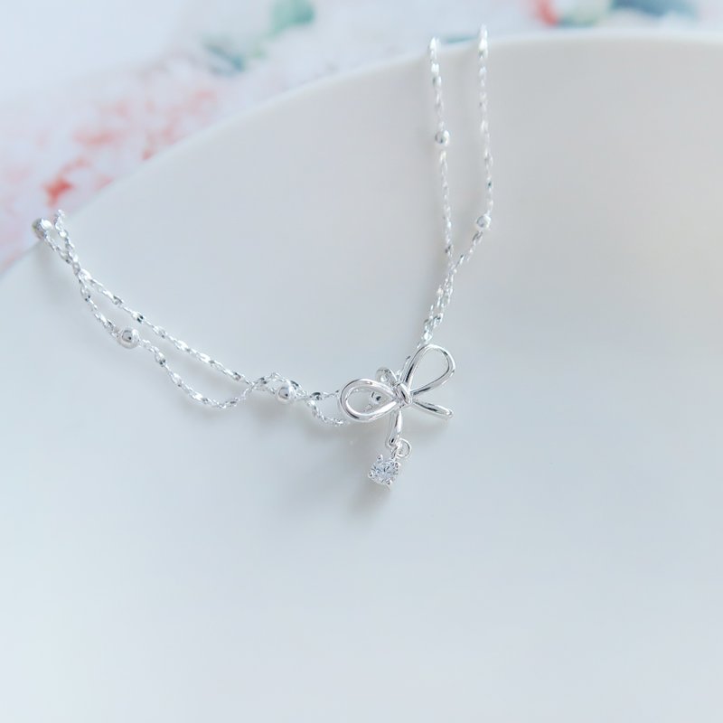 925 sterling silver sparkling bow Stone double chain customized engraving bracelet free packaging - สร้อยข้อมือ - เงินแท้ สีเทา