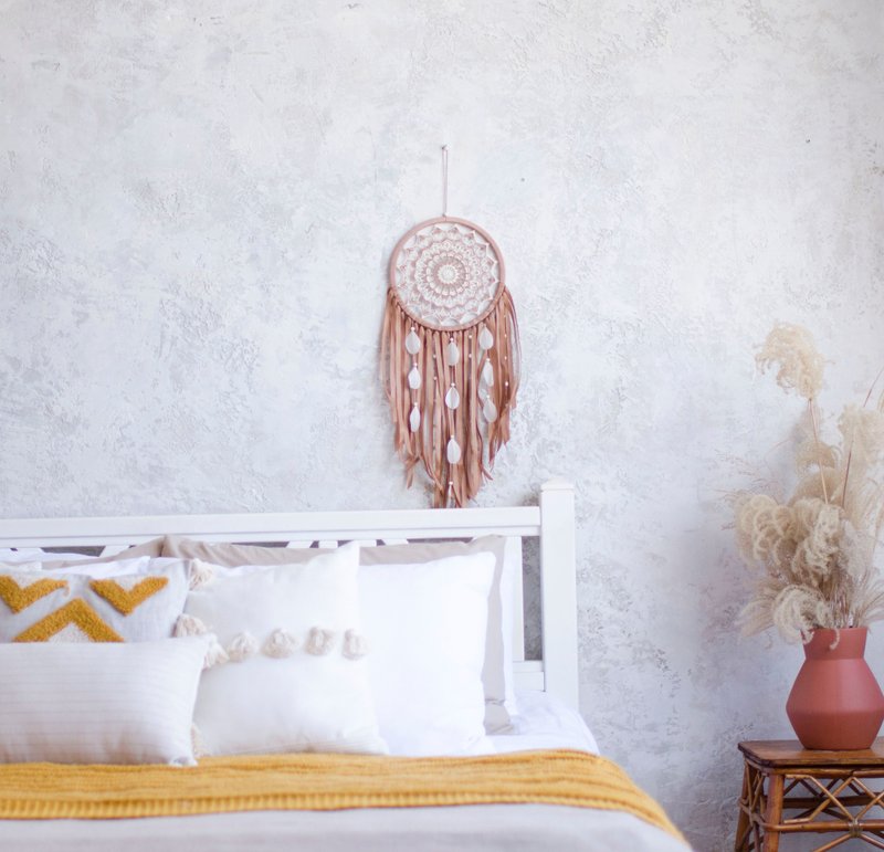 Large beige boho dream catcher, crochet doily bohemian wall decor, โบโฮนักล่าฝัน - 壁貼/牆壁裝飾 - 繡線 咖啡色