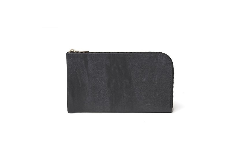 Middle long wallet in waxed leather Colour : Black - Wallets - Genuine Leather Black