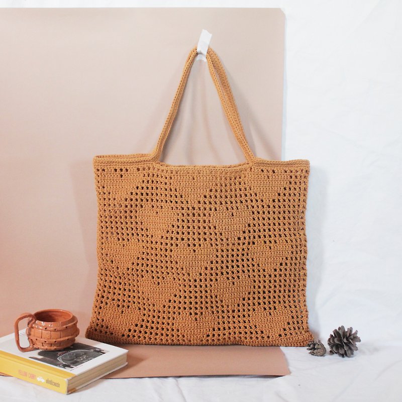 Dark Orange ,Too Heart Pixel Arts Crochet Tote Bag ,Handmade - อื่นๆ - วัสดุอื่นๆ สีส้ม