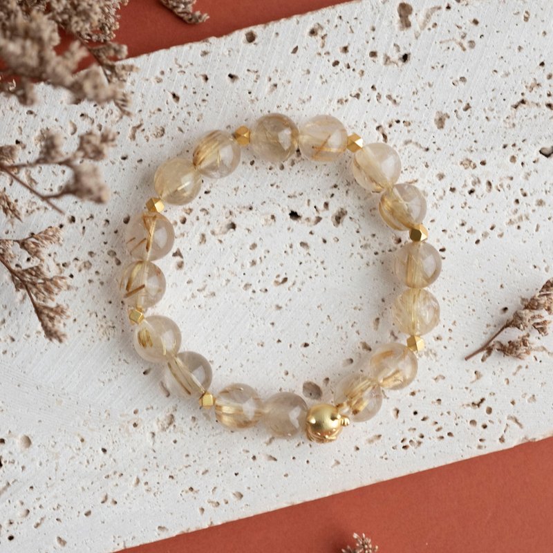 財福雙收丨啞金金髮晶x砂金招財貓丨天然礦石水晶手環手鍊禮物 - 手鍊/手環 - 水晶 黃色