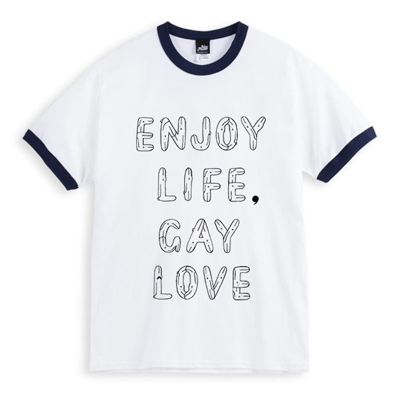 ENJOY LIFE, GAY LOVE - Piping White Navy - Unisex Fit T-Shirt - Men's T-Shirts & Tops - Cotton & Hemp 