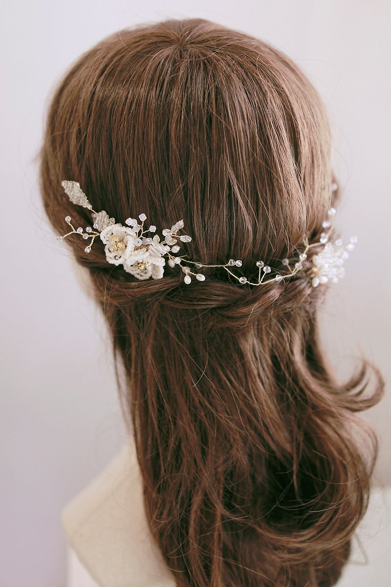 新娘頭飾 - 華麗串珠花型款 Boho Bridal Headpiece(一套3件) - 髮飾 - 玻璃 白色