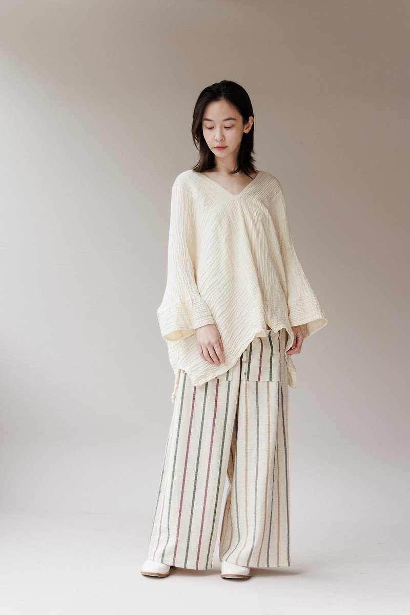 Linen handwoven straight wide trousers - กางเกงขายาว - ผ้าฝ้าย/ผ้าลินิน ขาว