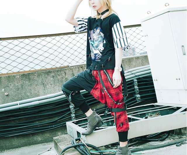 streetwear trendy boho kanji print drawstring harem pants w