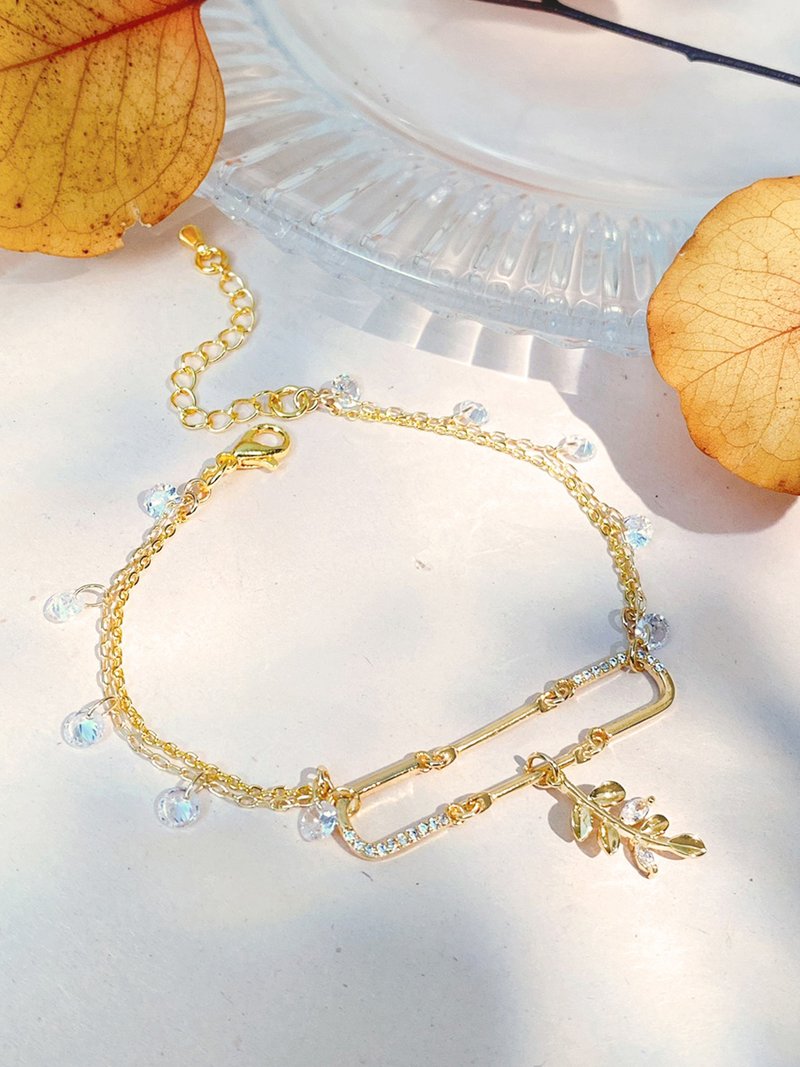 Count to the beat of your heartbeat. MUCHAT handmade 14+18KGP Stone long square leaf double-layer bracelet - Bracelets - Other Metals Gold