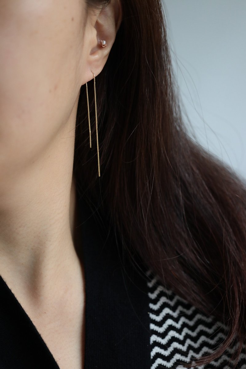 14K Chain Type Long Earring 方鍊型長耳環 - 耳環/耳夾/耳骨夾 - 貴金屬 金色