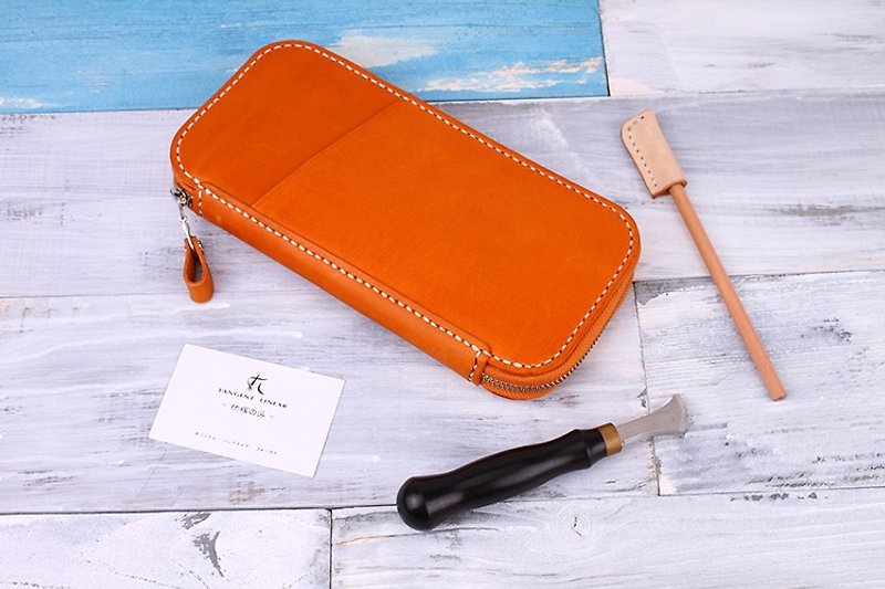 [Cut line] Italian vegetable tanned leather handmade leather wallet package travel wallet 004 long section of orange - Clutch Bags - Genuine Leather Orange