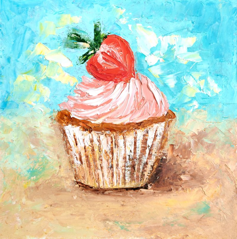 Cupcake Original Oil Painting Kitchen Wall Art Dessert Food Picture 手工油畫 油畫原作 - 海報/掛畫/掛布 - 其他材質 多色