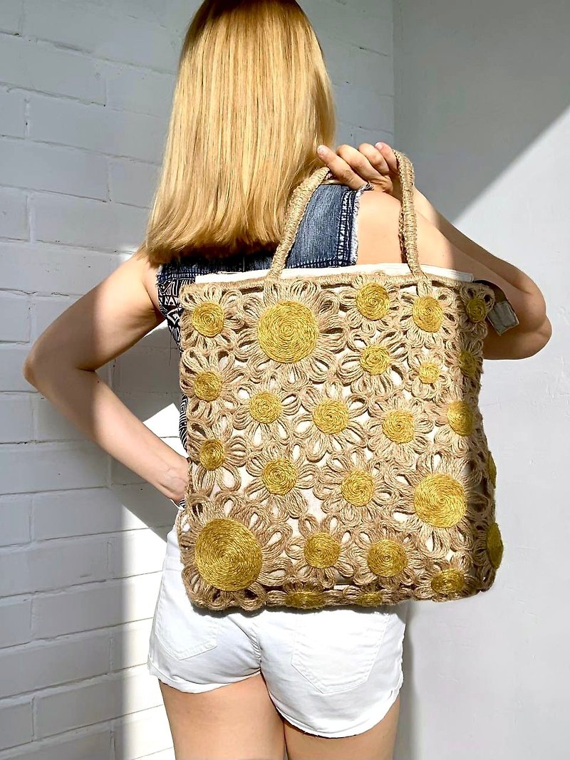 Cotton & Hemp Handbags & Totes Brown - Eco jute Daisy bag Macrame shopping tote bag Handwoven farmer handbag Net bag