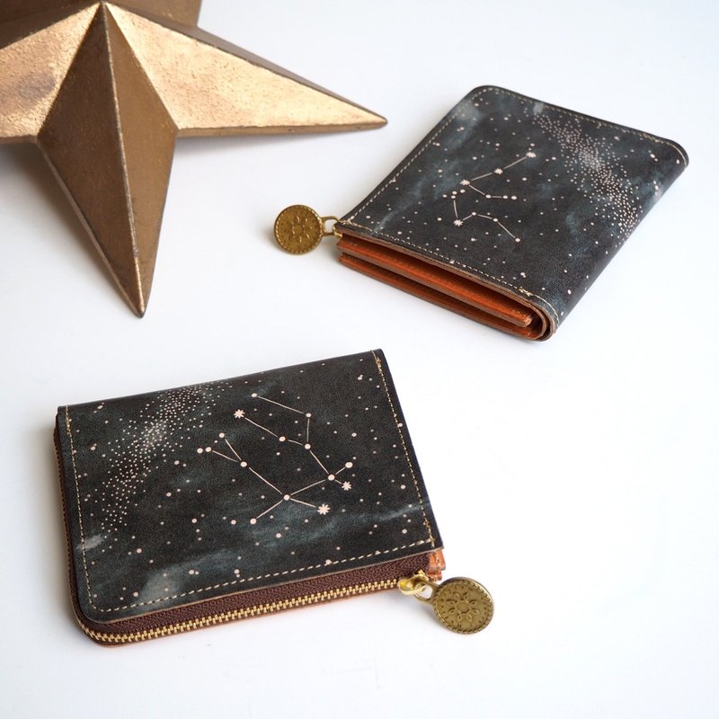 L-shaped zipper wallet / Starry sky of the 12 constellations / 12 designs - กระเป๋าสตางค์ - หนังแท้ สีดำ