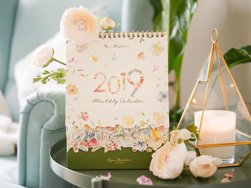 Blooming 2019 Flower Season Four Watercolor Table暦 - ปฏิทิน - กระดาษ สีเขียว