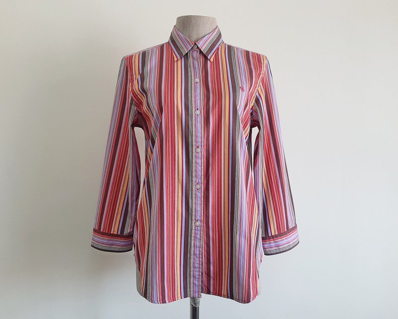 Small Vintage RALPH LAUREN Blue Pink Striped Shirt Womens 3/4 Sleeve Blouse S - 女上衣/長袖上衣 - 棉．麻 多色