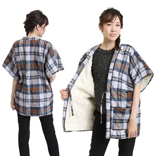 fuukakimono 半纏 外套 罩衫 日本 日式 絎縫半纏外套 和服 F 格紋/灰色 grey