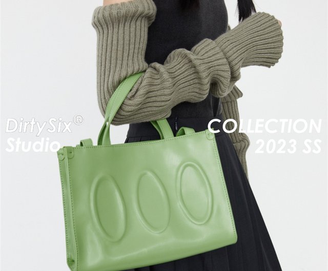 ライムグリーン OOSS ミディアム 光沢 牛革 街出し 通勤サイズ