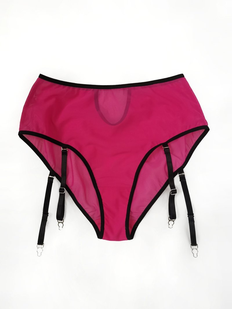 Hot pink high waisted keyhole panties with removable garters and contrast trim - 女內衣褲 - 聚酯纖維 粉紅色